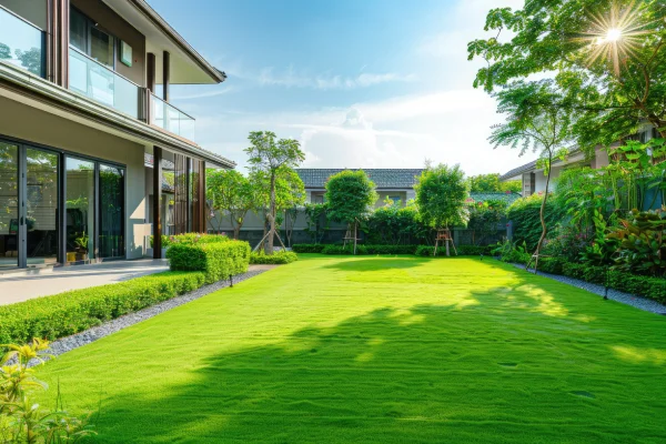 Garden home with green grass turf copy space